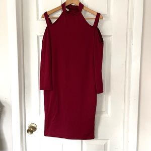 Long Sleeve bodycon Red Dress Turtleneck and Cut-out Shoulder with strap